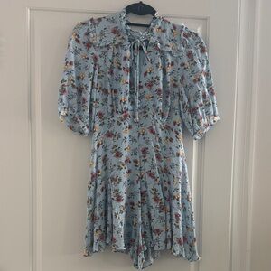 Olivaceous Light Blue Floral Tie-Neck Mini Dress